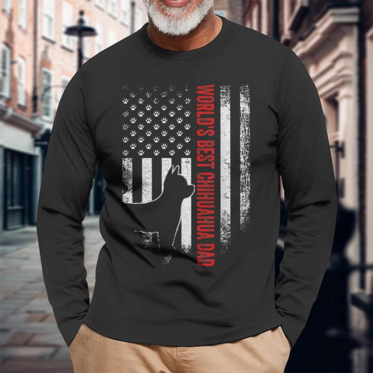 Vintage American Flag Worlds Best Chihuahua Dad Silhouette Long Sleeve T-Shirt Gifts for Old Men