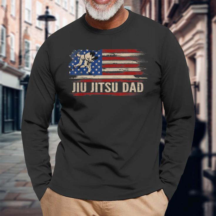 Vintage Bjj Jiu-Jitsu Dad American Usa Flag Sports Long Sleeve T-Shirt Gifts for Old Men
