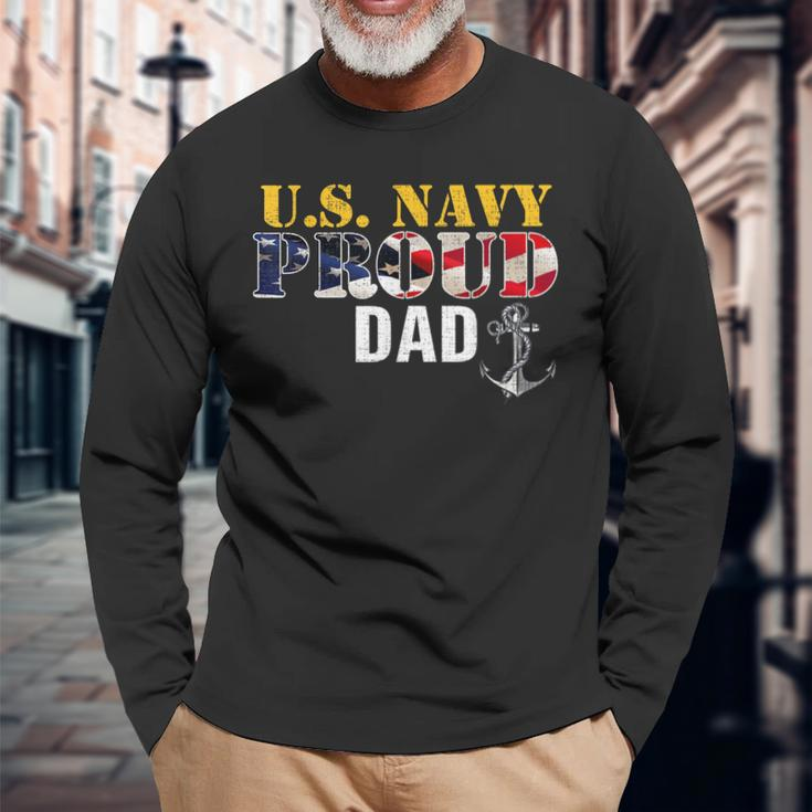 Vintage Navy Proud Dad With US American Flag Long Sleeve T-Shirt Gifts for Old Men