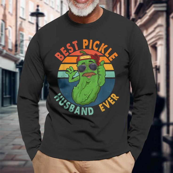 Vintage Retro Best Pickle Husband Ever Pickle Mustache Long Sleeve T-Shirt Gifts for Old Men