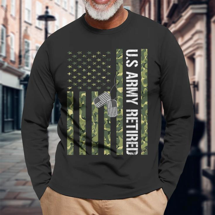 Vintage Us Army Retired American Flag Camo Veteran Day Gift Men Women Long Sleeve T-shirt Graphic Print Unisex Gifts for Old Men