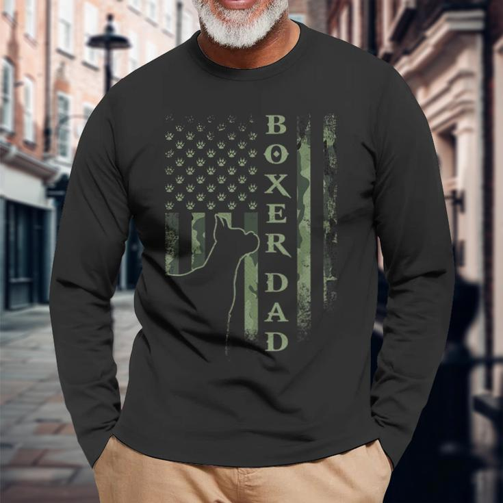 Vintage Usa American Camo Flag Proud Boxer Dad Silhouette Long Sleeve T-Shirt Gifts for Old Men