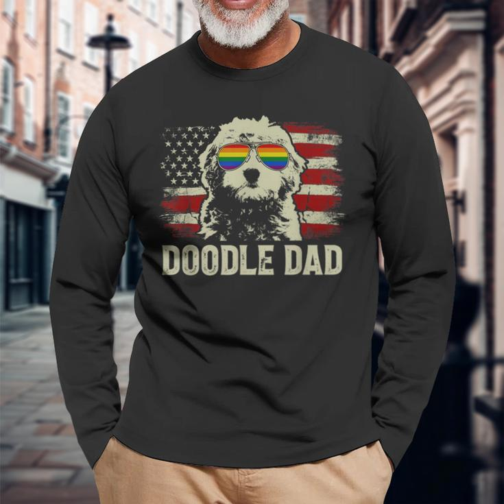 Vintage Usa American Flag Doodle Dad Lgbt Gay Pride Long Sleeve T-Shirt Gifts for Old Men