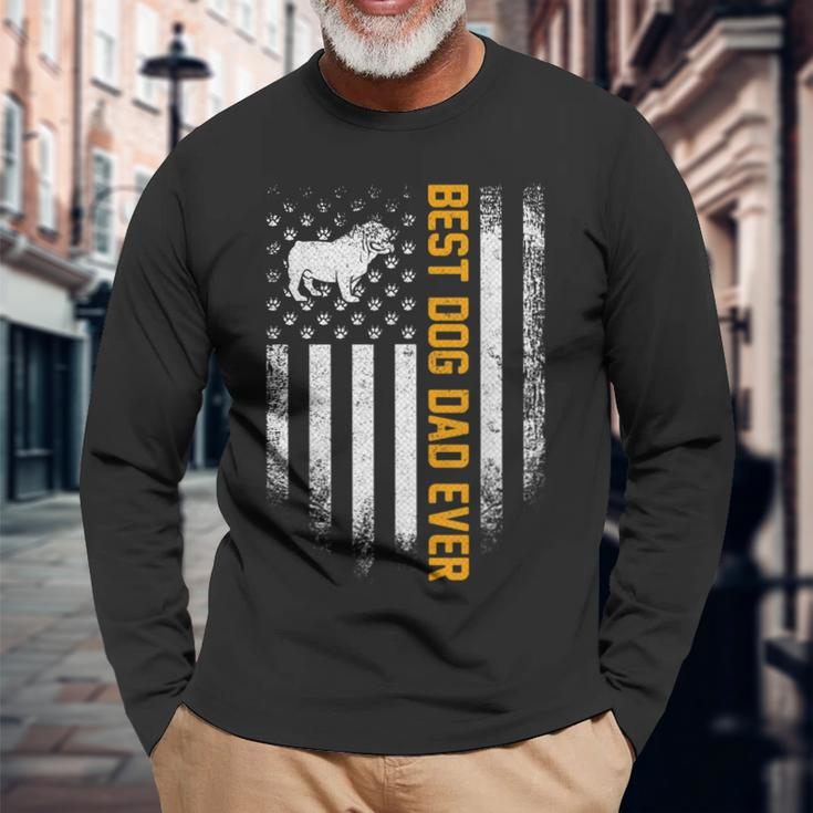 Vintage Usa Best English Bulldog Dad Ever American Flag Long Sleeve T-Shirt Gifts for Old Men