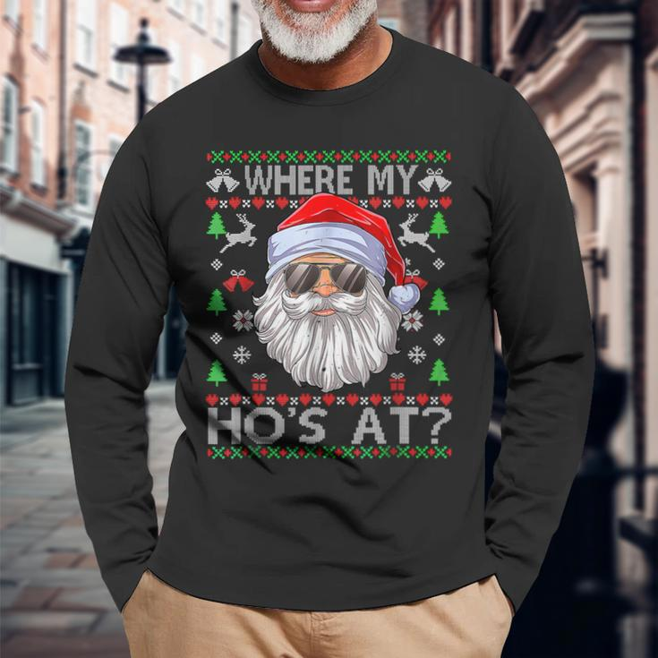 Where My Hos At Ugly Christmas Sweater Style Men Women Long Sleeve T-shirt Graphic Print Unisex Gifts for Old Men