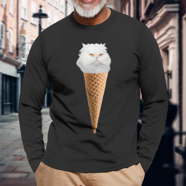 White Fluffy Cat Sitting In The Ice Cream Cone Long Sleeve T-Shirt T-Shirt Gifts for Old Men