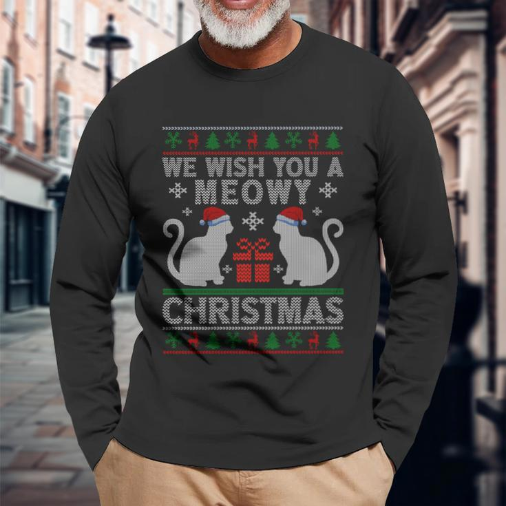 We Wish You A Meowy Catmas Santa Hat Ugly Christmas Sweater Long Sleeve T-Shirt Gifts for Old Men