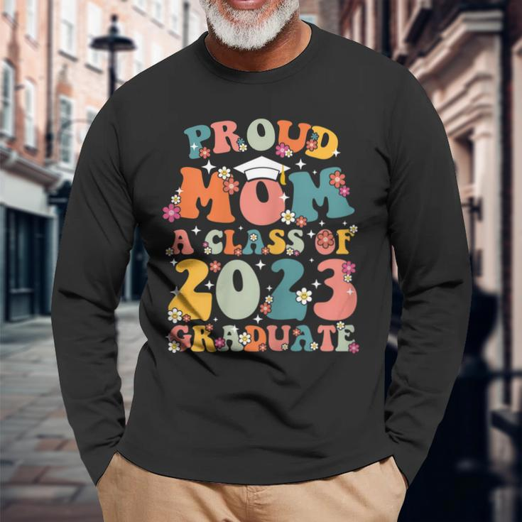 Womens Proud Mom Of A Class Of 2023 Graduate Groovy Senior 23 Men Women Long Sleeve T-shirt Graphic Print Unisex Gifts for Old Men