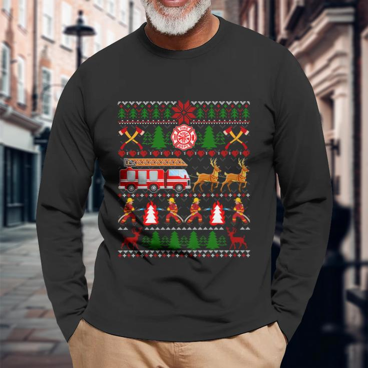 Xmas Firefighter Lover Fire Truck Fire Ugly Christmas Long Sleeve T-Shirt Gifts for Old Men
