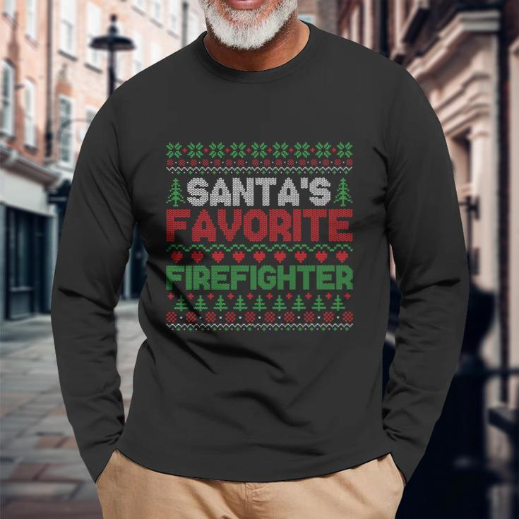 Xmas Santas Favorite Firefighter Ugly Christmas Sweater Long Sleeve T-Shirt Gifts for Old Men