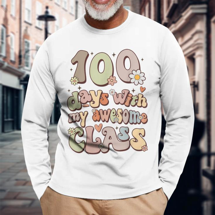 100 Days With My Awesome Class Retro Teacher Women Girls Long Sleeve T-Shirt Gifts for Old Men
