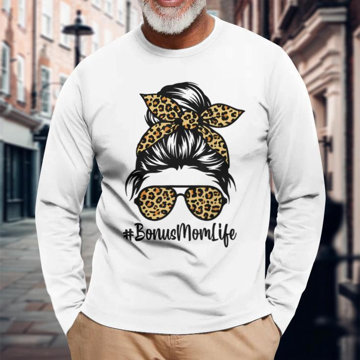 Bonus Mom Life Leopard Messy Bun Stepmom Long Sleeve T-Shirt Gifts for Old Men
