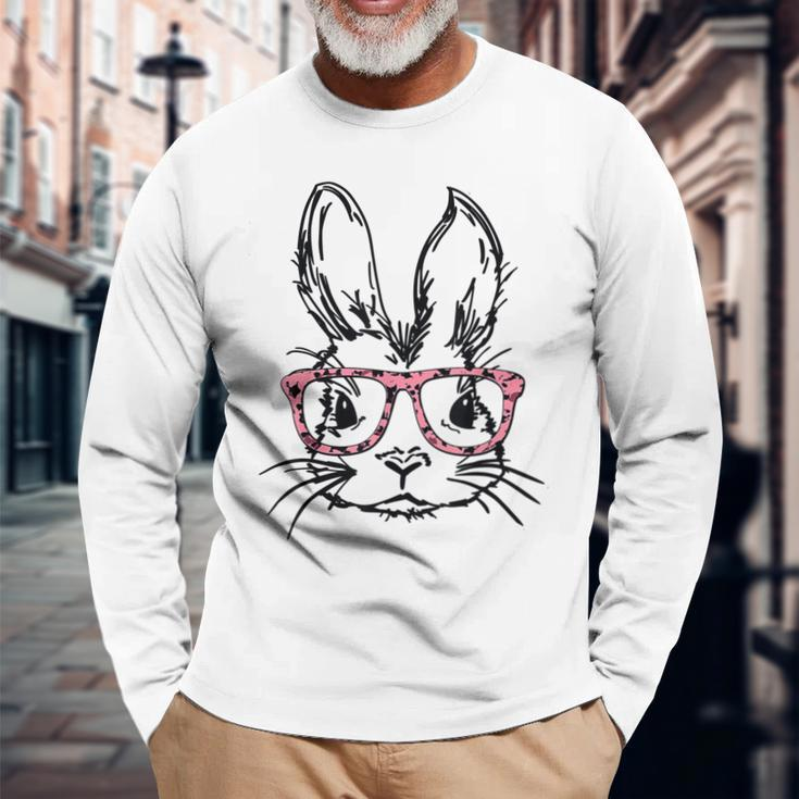 Cute Bunny With Glasses Leopard Print Easter Bunny Face Long Sleeve T-Shirt Gifts for Old Men