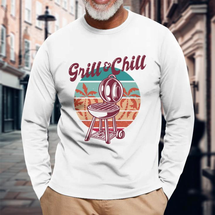 Grill And Chill Vacation Retro Sunset Long Sleeve T-Shirt Gifts for Old Men