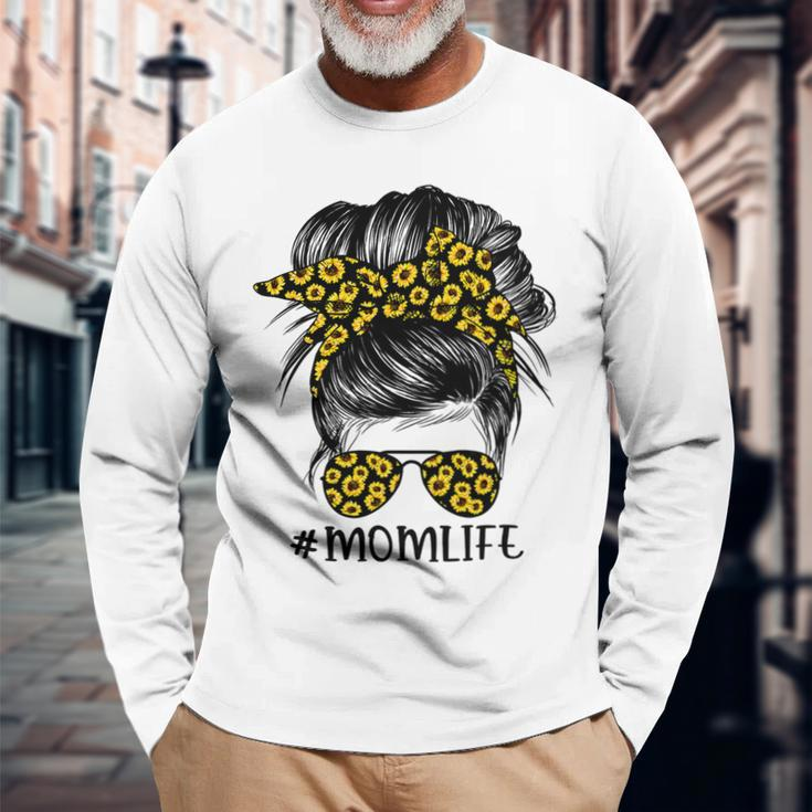 Mother Sunflowers Mom Life Messy Bun Hair Sunglasses Mom Long Sleeve T-Shirt Gifts for Old Men