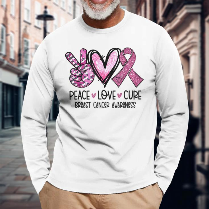 Peace Love Cure Pink Ribbon Cancer Breast Awareness Long Sleeve T-Shirt Gifts for Old Men