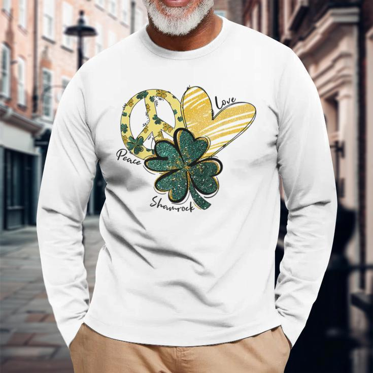 Peace Love Shamrock Leopard Irish Shamrocks St Patricks Day Long Sleeve T-Shirt Gifts for Old Men