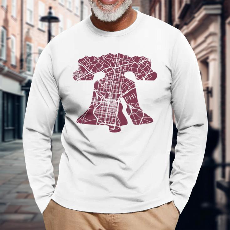 Philadelphia Street Map Liberty Bell Vintage Maroon Philly Long Sleeve T-Shirt T-Shirt Gifts for Old Men