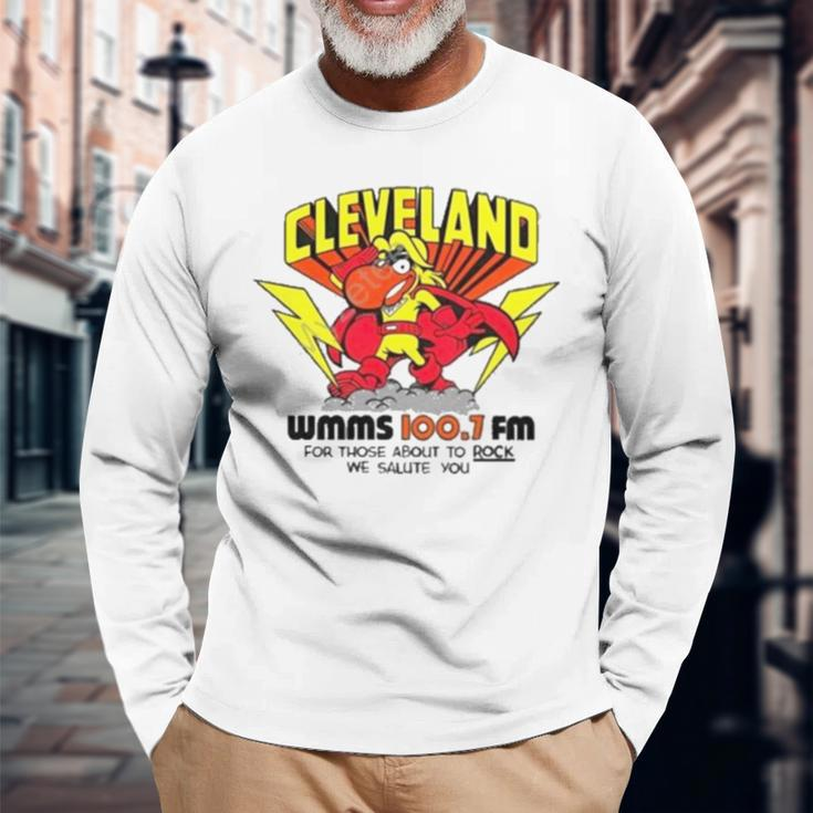 Robbie Fox Wearing Cleveland Wmms Loo7 Fm For Those About To Rock We Salute You Long Sleeve T-Shirt Gifts for Old Men