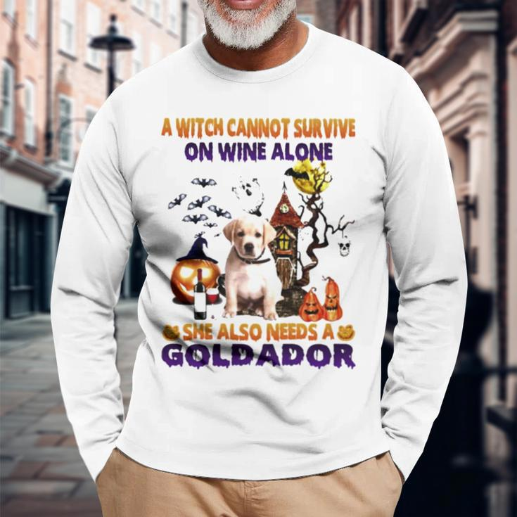 A Witch Cannot Survive On Wine Alone She Also Needs A Yellow Goldador Halloween Long Sleeve T-Shirt T-Shirt Gifts for Old Men