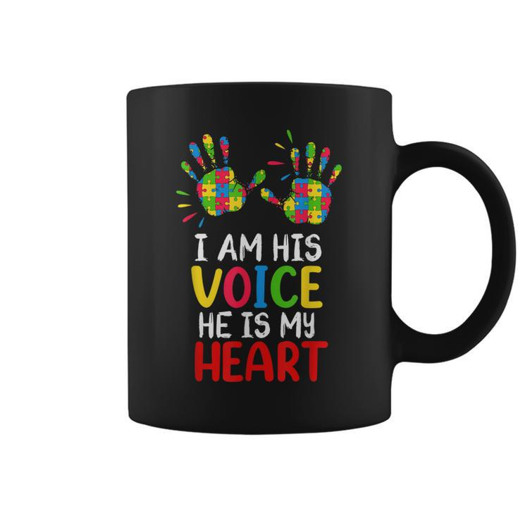 Autism Awareness Mom Dad  I Am His Voice Hes My Heart Coffee Mug