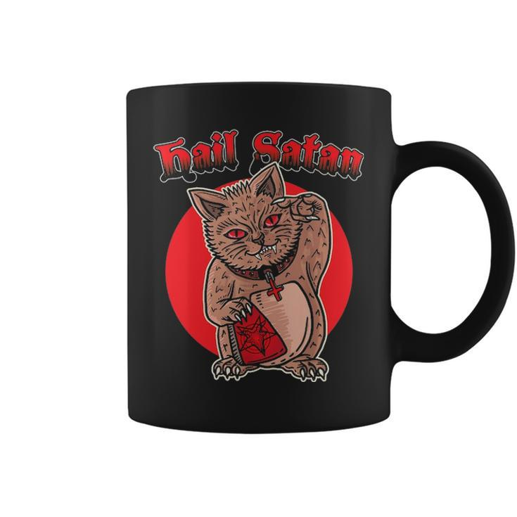 Death Metal Asian Lucky Cat Hail Satan Kitten Rock Music Coffee Mug