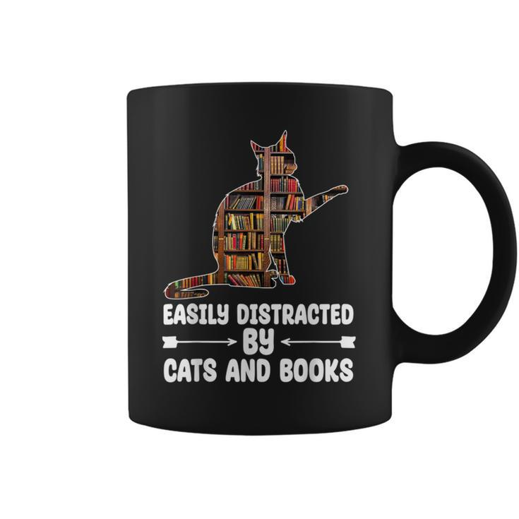 Easily Distracted By Cats And Books Funny Cat Lover  Coffee Mug