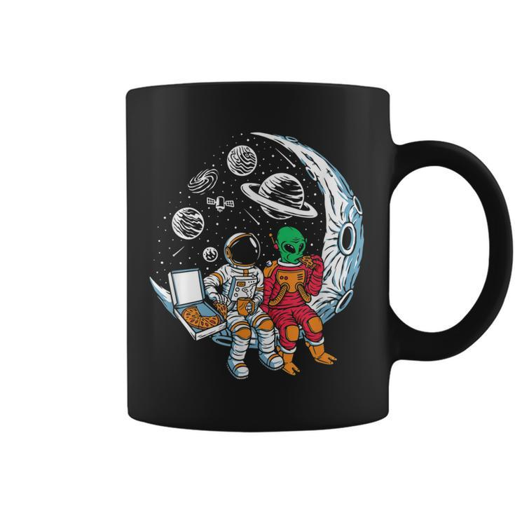 Funny Astronaut And Alien Love Eating Pizza Exploring Space  Coffee Mug