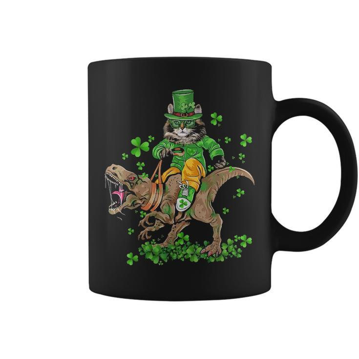 Funny St Patricks Day Irish Cat Riding T Rex Shamrock Coffee Mug