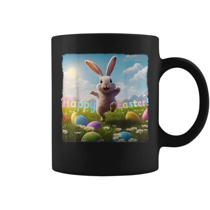 Happy Easter Bunny Hopping Over Colored Eggs  Coffee Mug