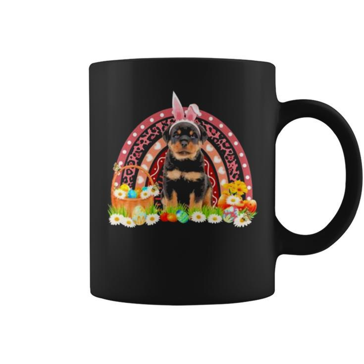 Happy Easter Bunny Pink Dog Rottweiler Rainbow Coffee Mug