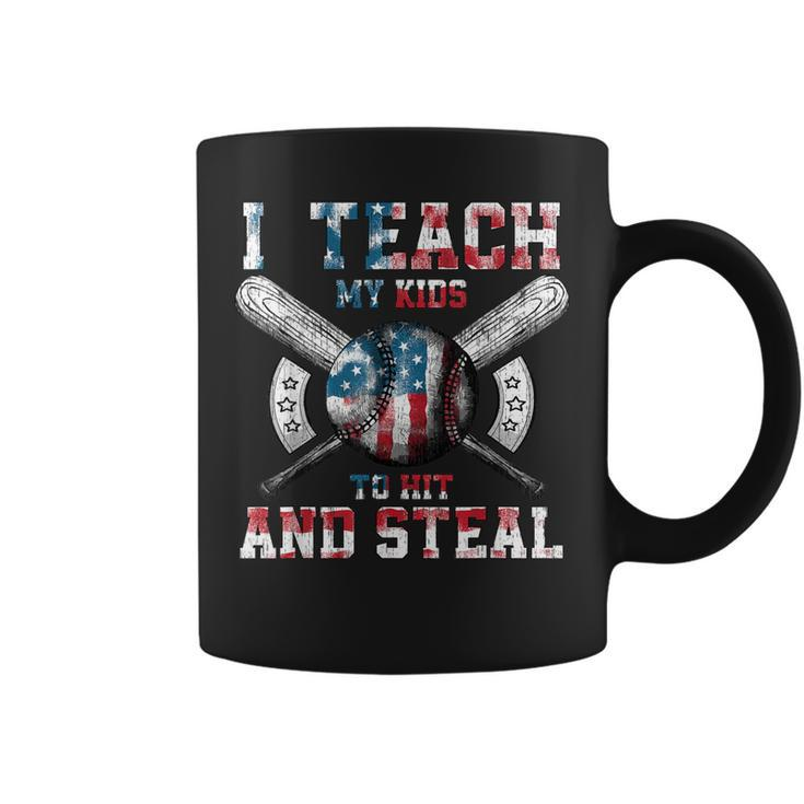 I Teach My Kids To Hit And Steal Baseball Dad American Flag Coffee Mug