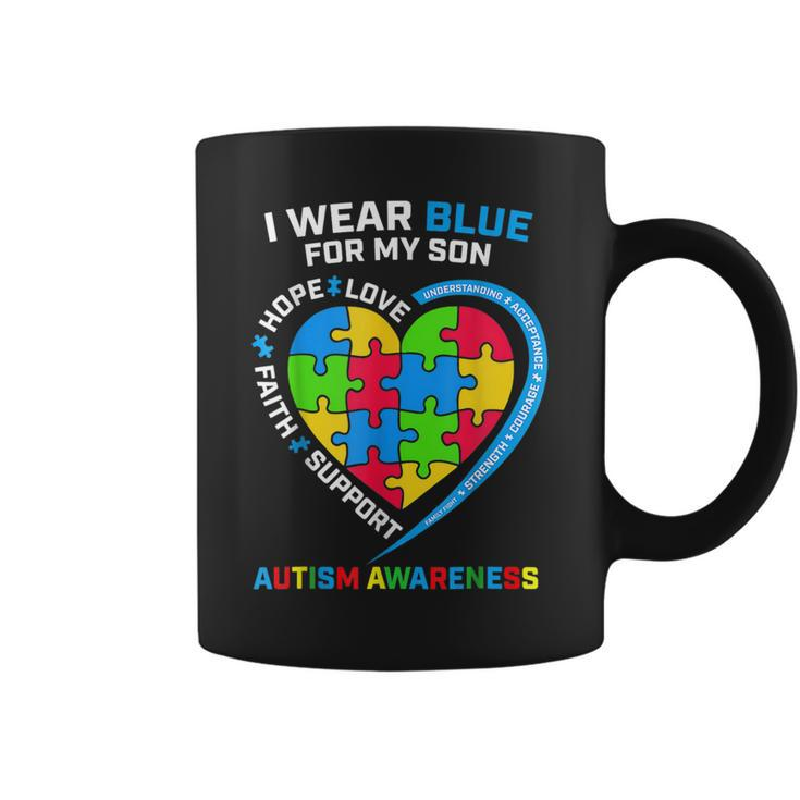 I Wear Blue For My Son Autism Awareness Mom Dad Heart Puzzle Coffee Mug