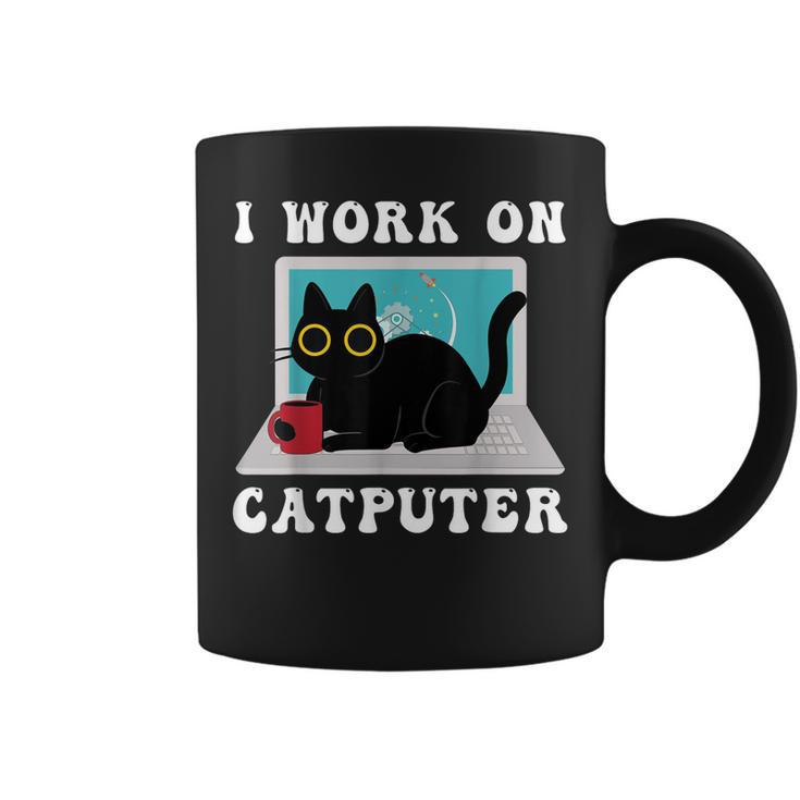 I Work On Computer Funny Cat Lover Quotes Black Cats Lovers  Coffee Mug