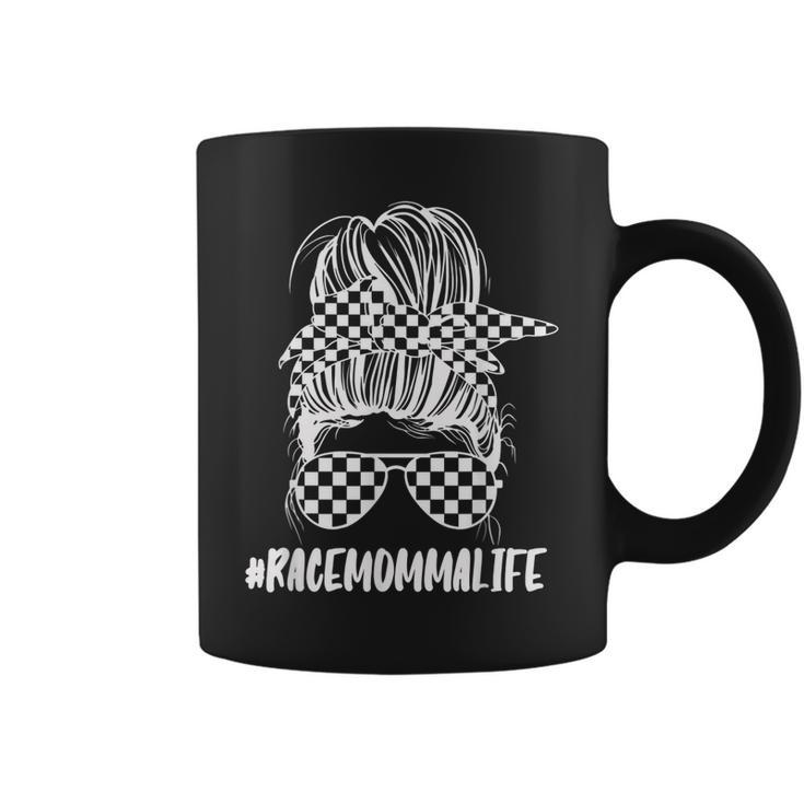 Its Race Day Momma Checkered Flag Racing Messy Bun Mom  Coffee Mug