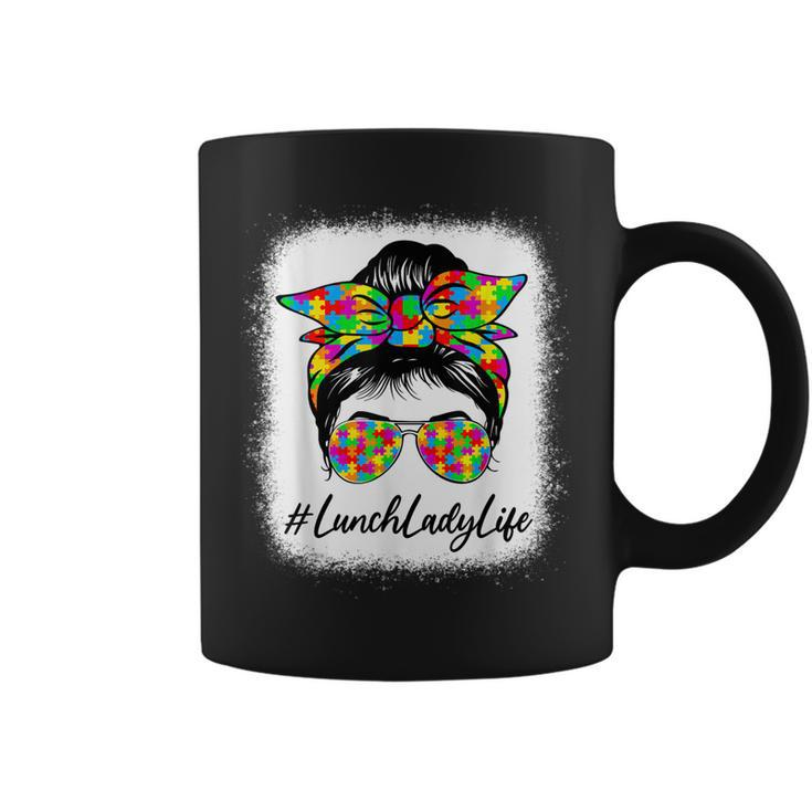Lunch Lady Messy Bun Women Supporting Autism Awareness Month Coffee Mug