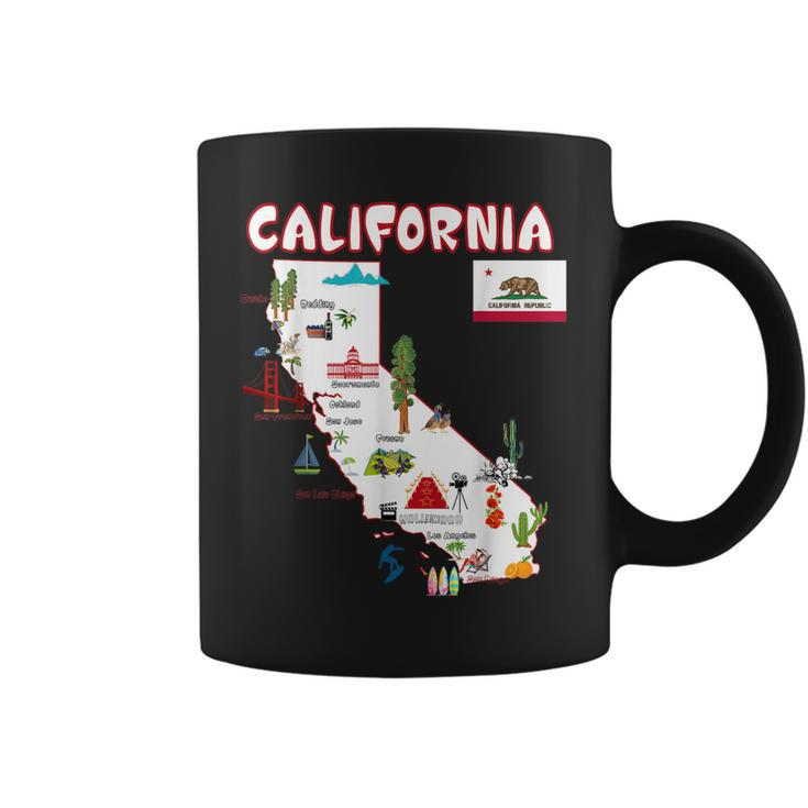 Map Of California Landmarks Major Cities Flag   Coffee Mug