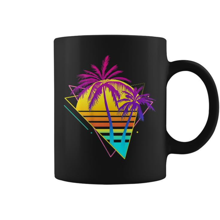 On Back - Retro 80S 90S Vaporwave Tropical Sunset Palm Trees  Coffee Mug
