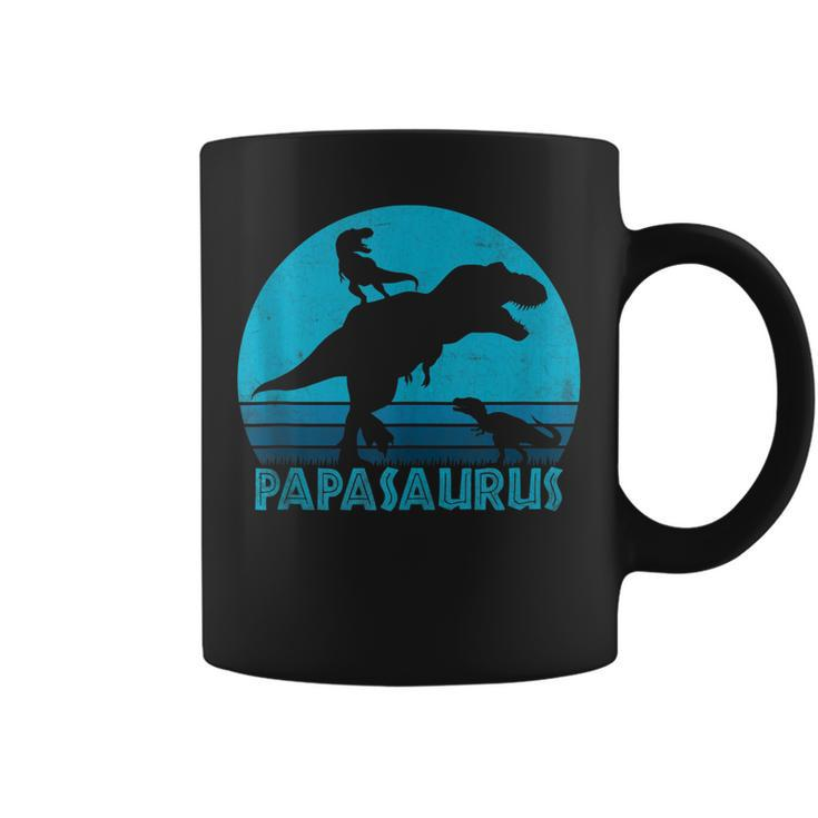 Papasaurus 2 Kids Vintage Retro Sunset Funny Gift For Dad Coffee Mug