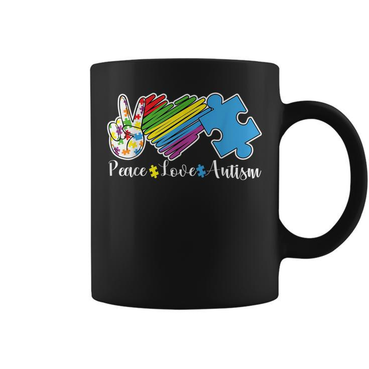 Peace Love Autism Puzzle In April We Wear Blue For Autism  Coffee Mug