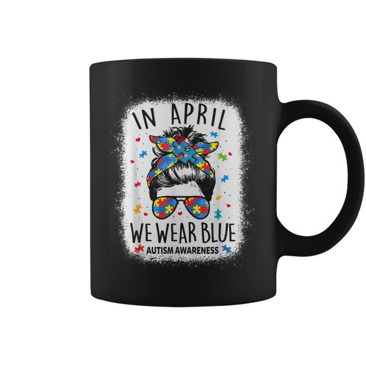 Women Messy Bun In April We Wear Blue For Autism Awareness  Coffee Mug