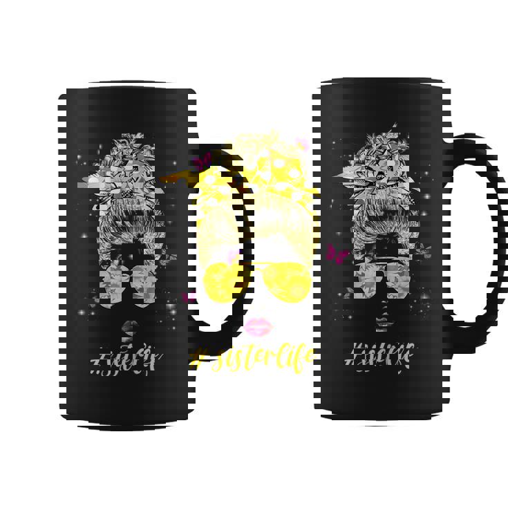 Womens Sister Life Messy Hair Bun Sunflower Women Mothers Day Coffee Mug
