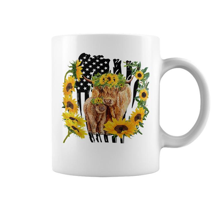 American Flag Sunflower Baby And Mother Highland Cow  Coffee Mug