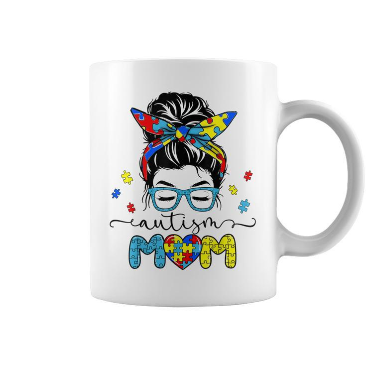 Autism Mom Messy Bun Sunglasses Bandana Autism Awareness  Coffee Mug
