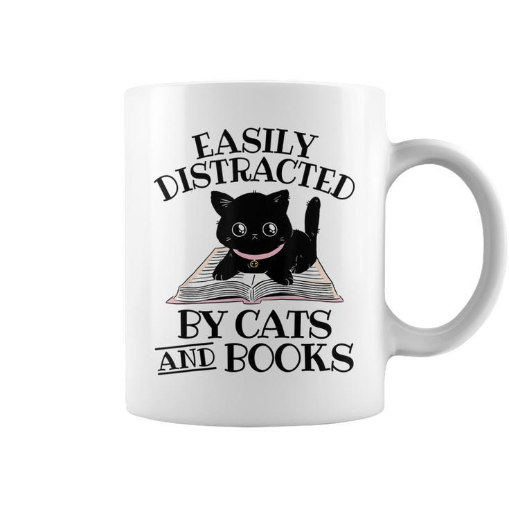 Easily Distracted By Cats And Books Black Cat Book Lover Coffee Mug