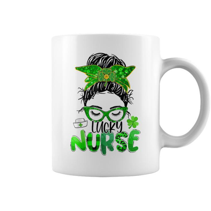 Lucky Nurse St Patricks Day Nurse Shamrock Messy Bun Mom  Coffee Mug
