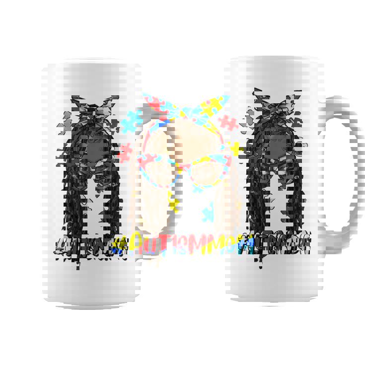 Messy Bun Black Autism Mom Afro Mother Autism Awareness Coffee Mug