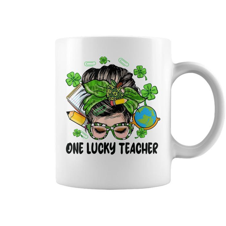 One Lucky Teacher Afro Messy Bun Patricks Day Shamrock  Coffee Mug