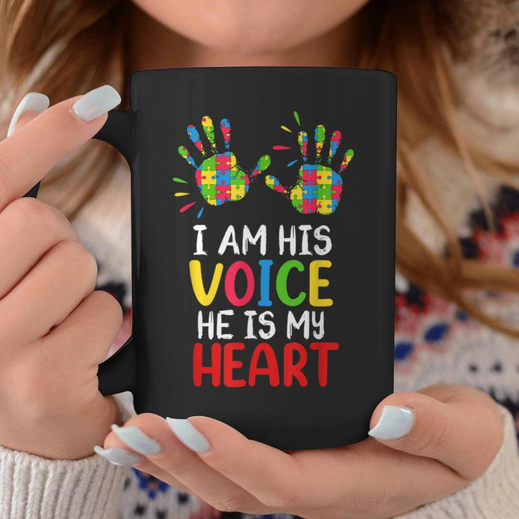 Autism Awareness Mom Dad I Am His Voice Hes My Heart Coffee Mug Unique Gifts