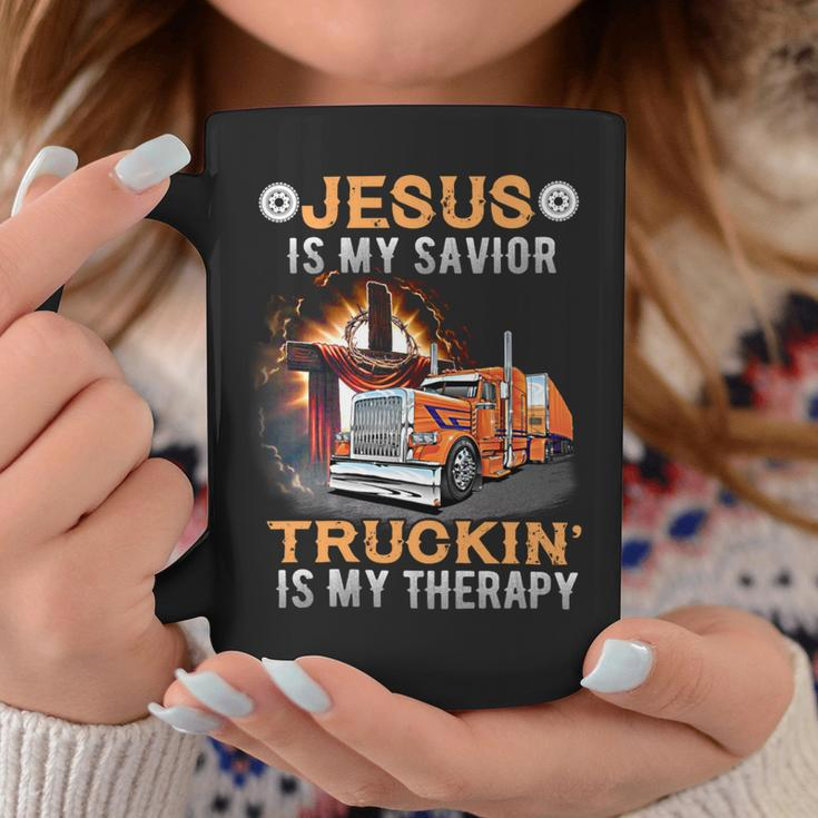Jesus Is My Savior Truckin Is My Therapy Coffee Mug Funny Gifts